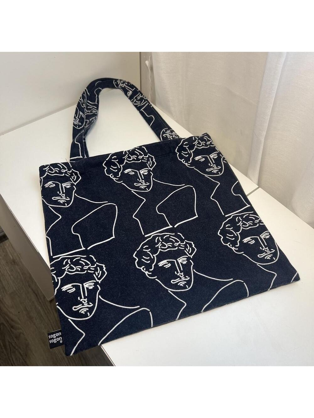 Sogon Abstract Face Print Canvas Tote Bag Black White